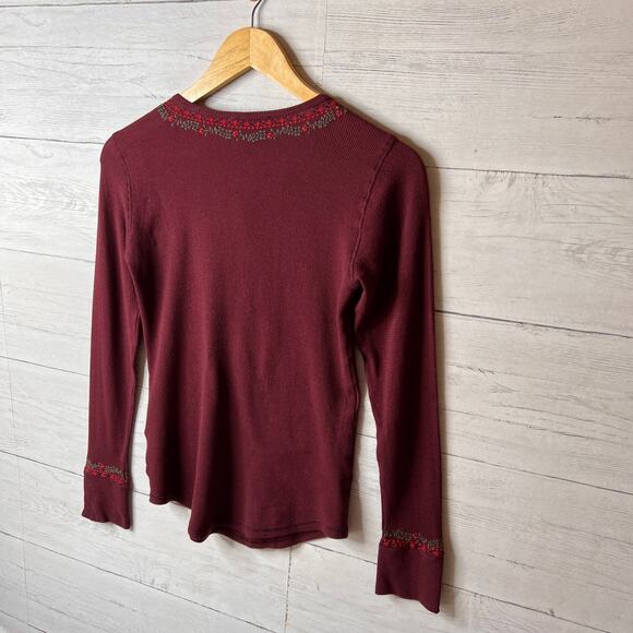 Lucky Brand Top Womens Size Small Burgundy Thermal Henley with Floral Embroidery - Picture 13 of 16
